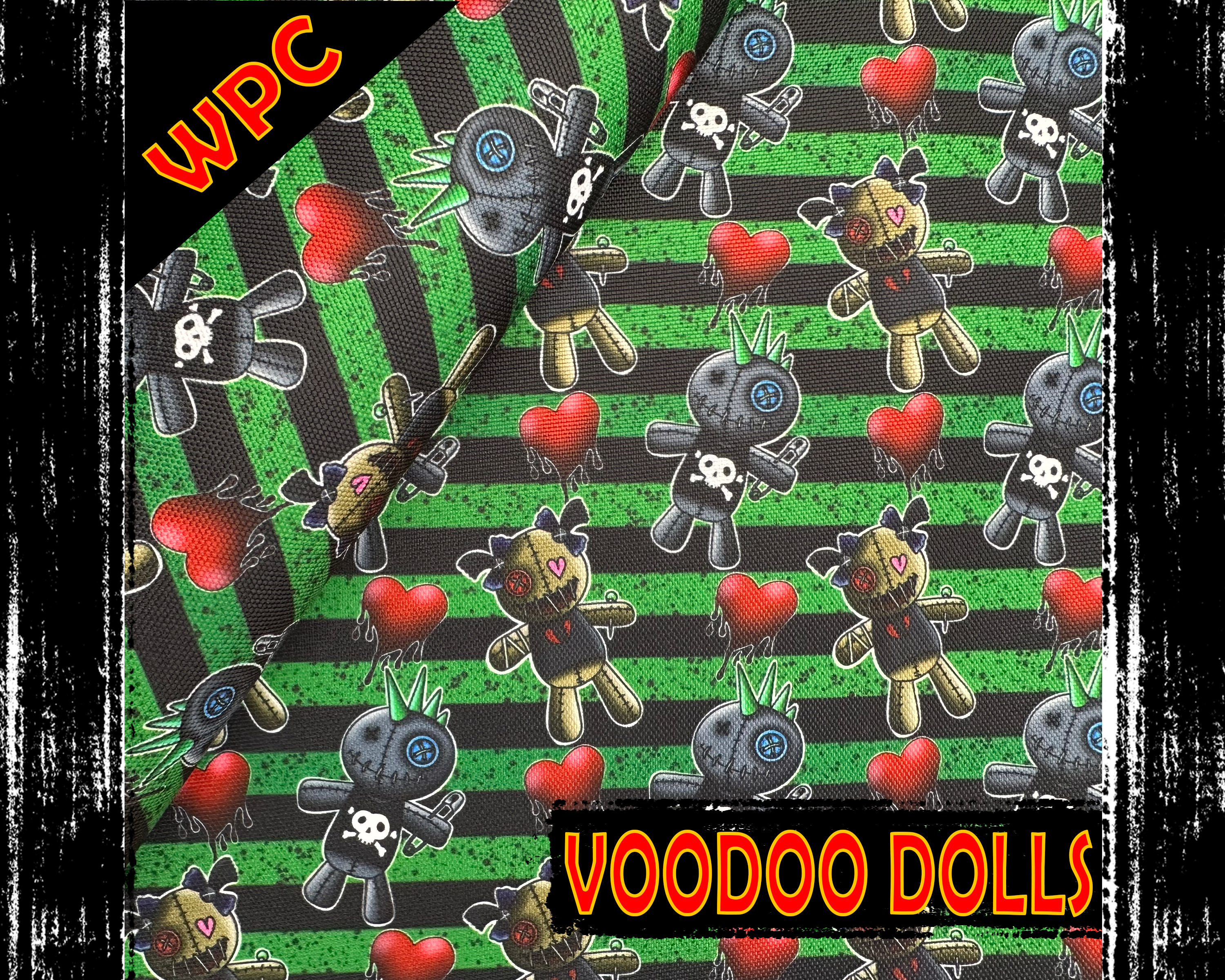 Voodoo Dolls, Waterproof Polyester Canvas. Green and Black stripe background