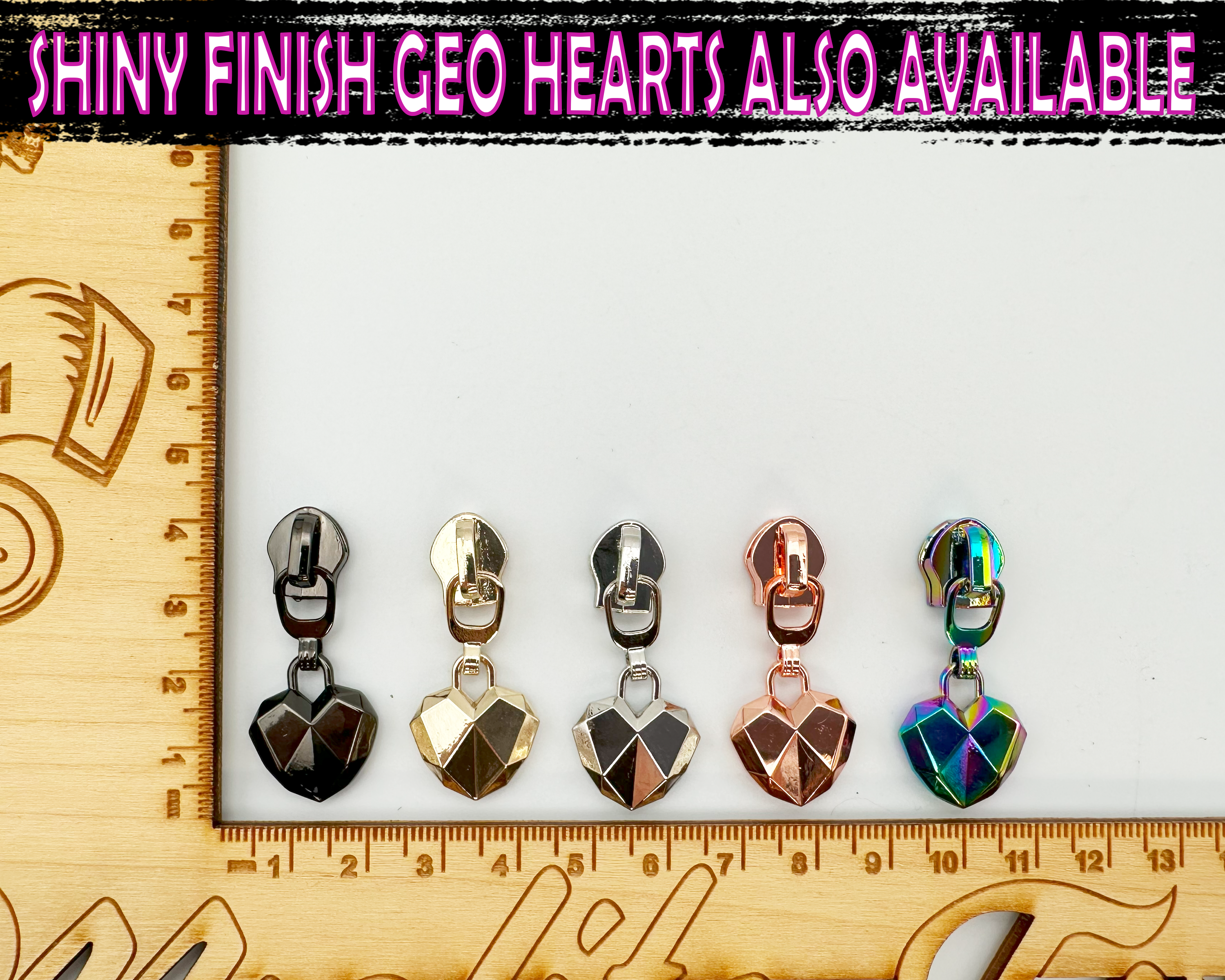 Double-sided Geo Hearts Zipper Pulls available in 4 matte finishes