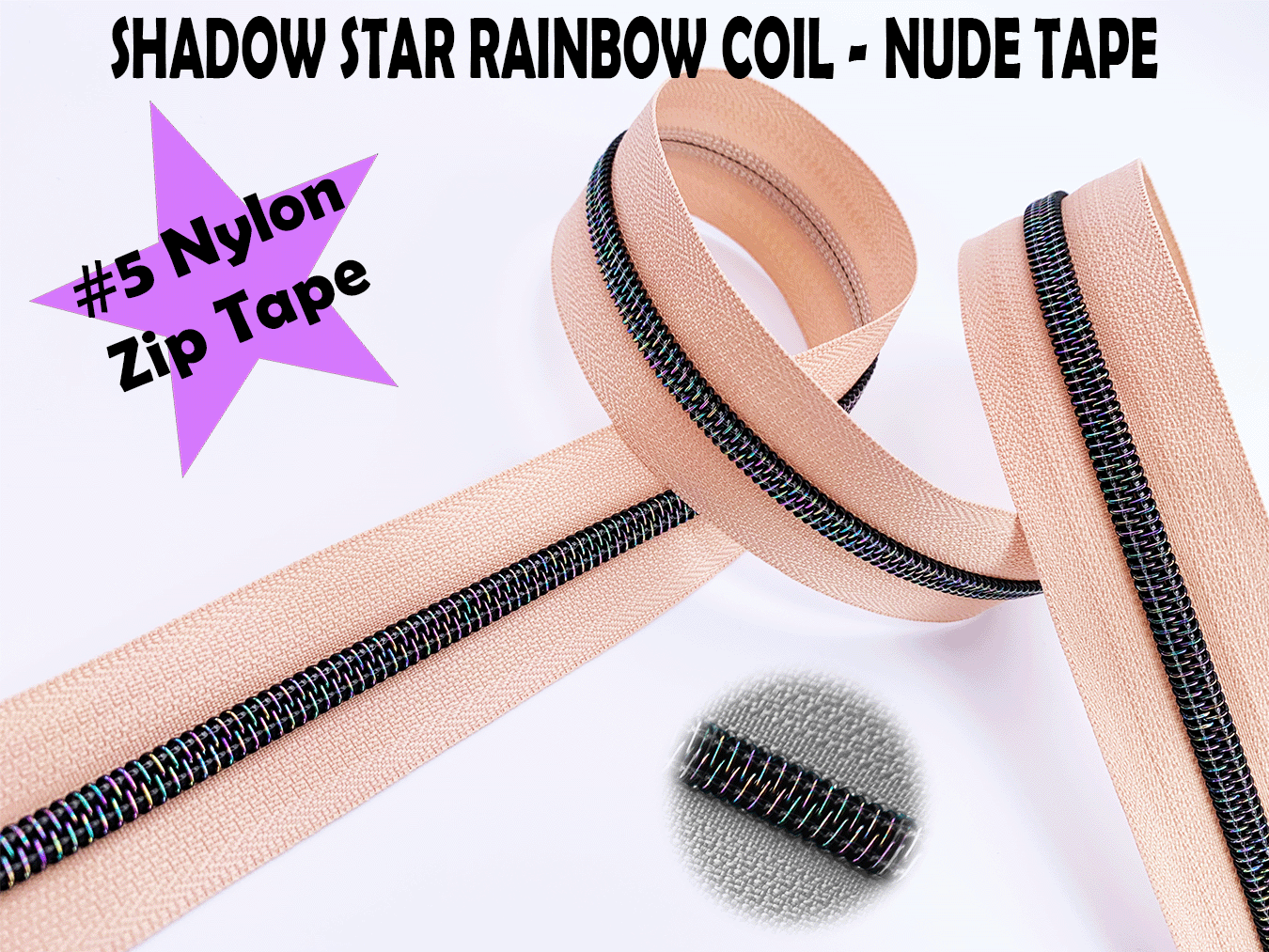 Nude Zipper Tape with Dark Iridescent Rainbow Teeth, Shadow Star Collection, for #5 nylon zips