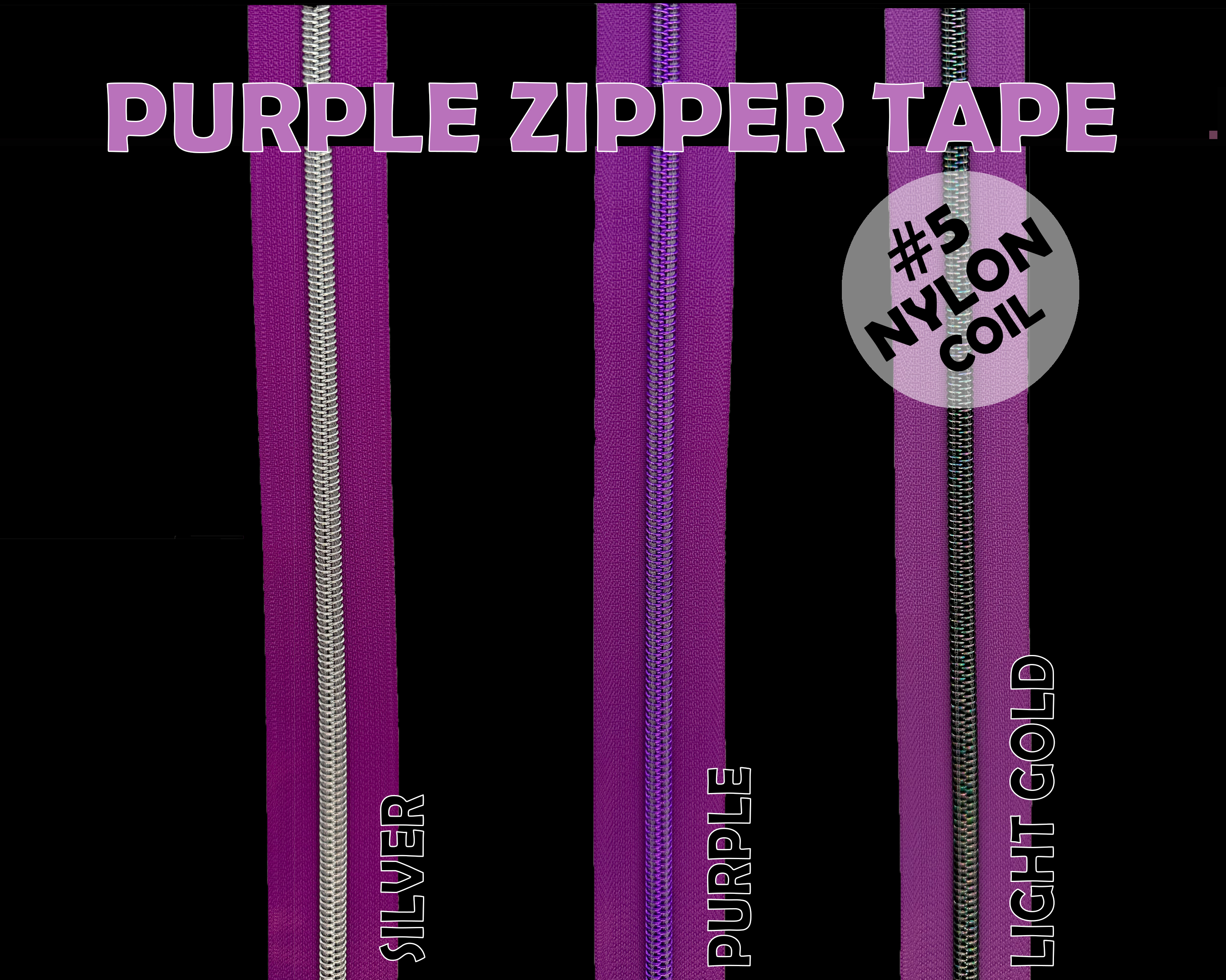 Purple Zipper Tape, Size 5 Nylon Coil with various coloured teeth