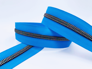 Azure Blue Zipper Tape with Dark Iridescent Rainbow Teeth, Shadow Star Collection, for #5 nylon zips