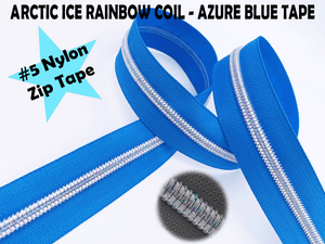 Azure Blue Zipper Tape with White Iridescent Rainbow Teeth, Arctic Ice Collection, for #5 nylon zips
