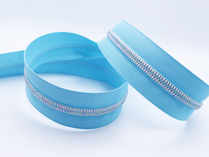 Baby Blue Zipper Tape with White Iridescent Rainbow Teeth, Arctic Ice Collection, for #5 nylon zips