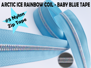 Baby Blue Zipper Tape with White Iridescent Rainbow Teeth, Arctic Ice Collection, for #5 nylon zips