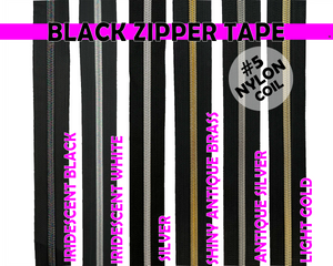 Black Zipper Tape, Size 5 Nylon Coil with various coloured teeth