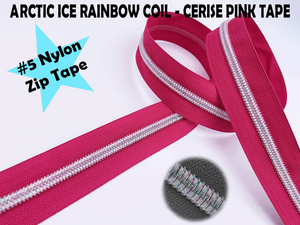Cerise Pink Zipper Tape with White Iridescent Rainbow Teeth , Arctic Ice Collection, for #5 nylon zips