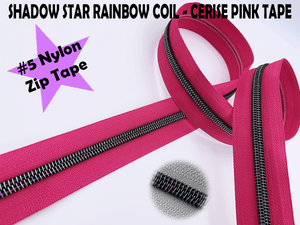 Cerise Pink Zipper Tape with Dark Iridescent Rainbow Teeth, Shadow Star Collection, for #5 nylon zips