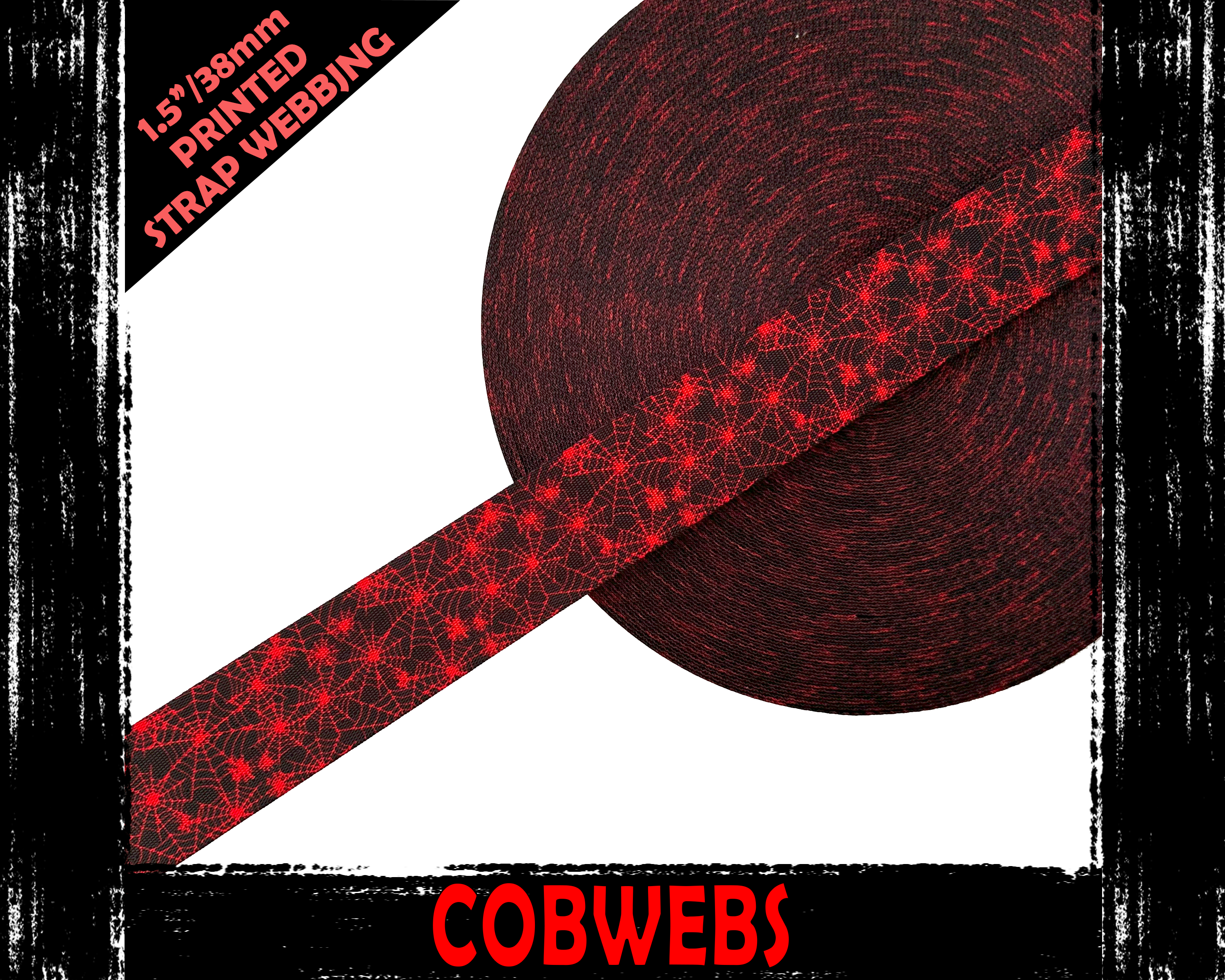 38mm red Cobwebs Webbing, Bag Straps, 1.5" wide. Black backgrond