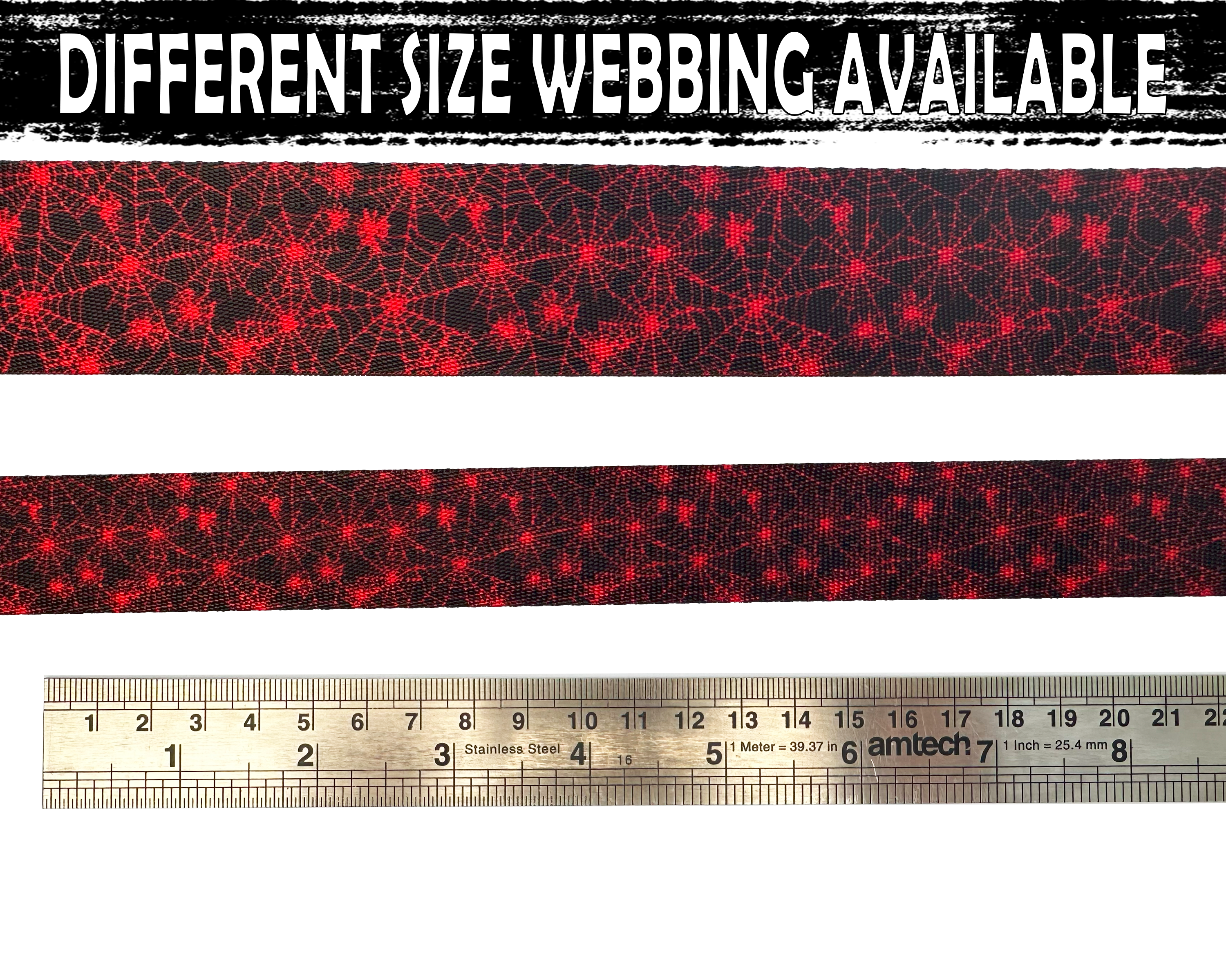 38mm red Cobwebs Webbing, Bag Straps, 1.5" wide. Black backgrond