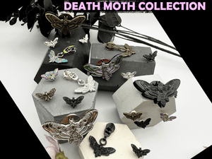 Double-sided Death Moth Zipper Pulls. Available in 4 finishes