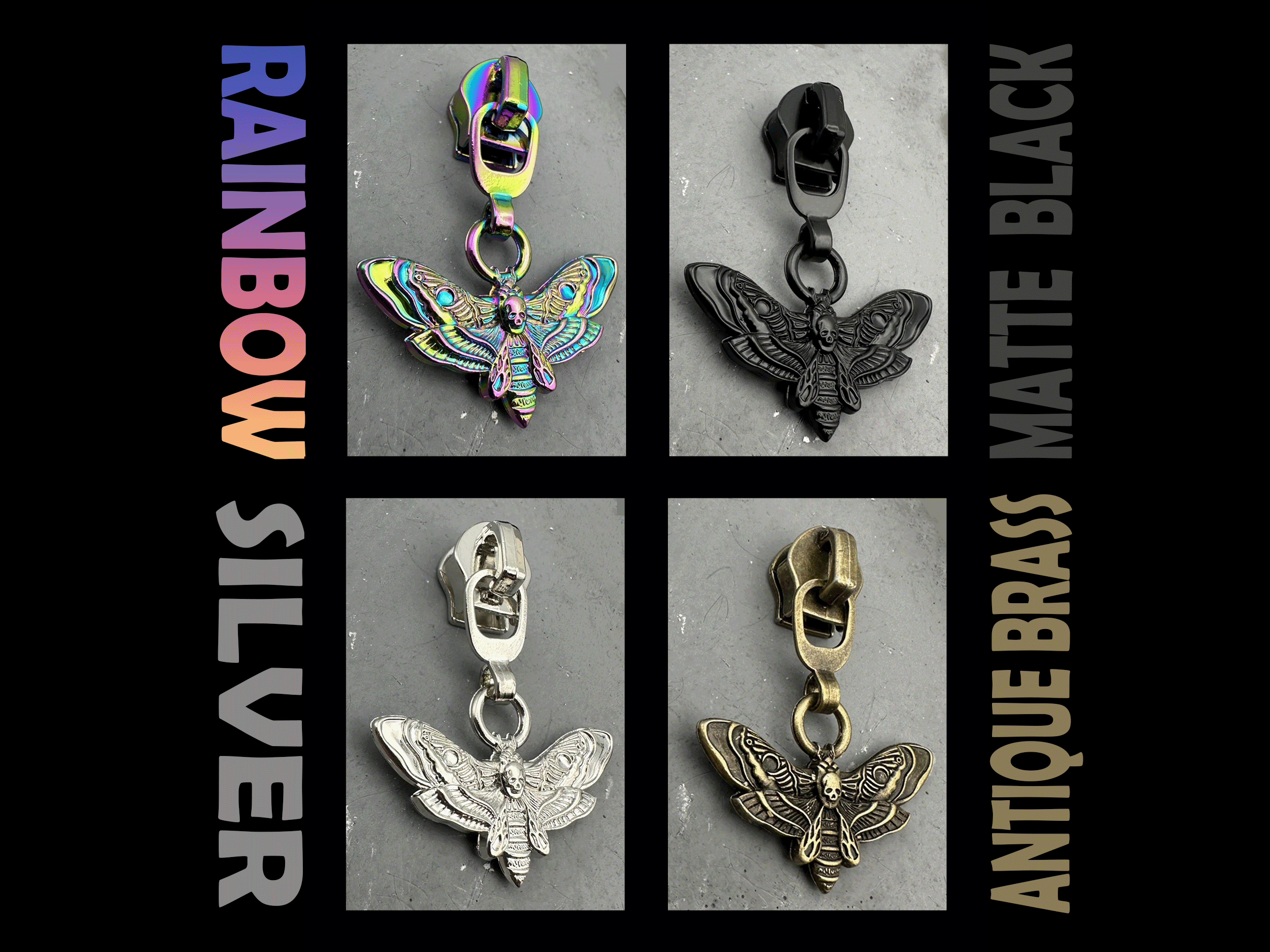 Double-sided Death Moth Zipper Pulls. Available in 4 finishes