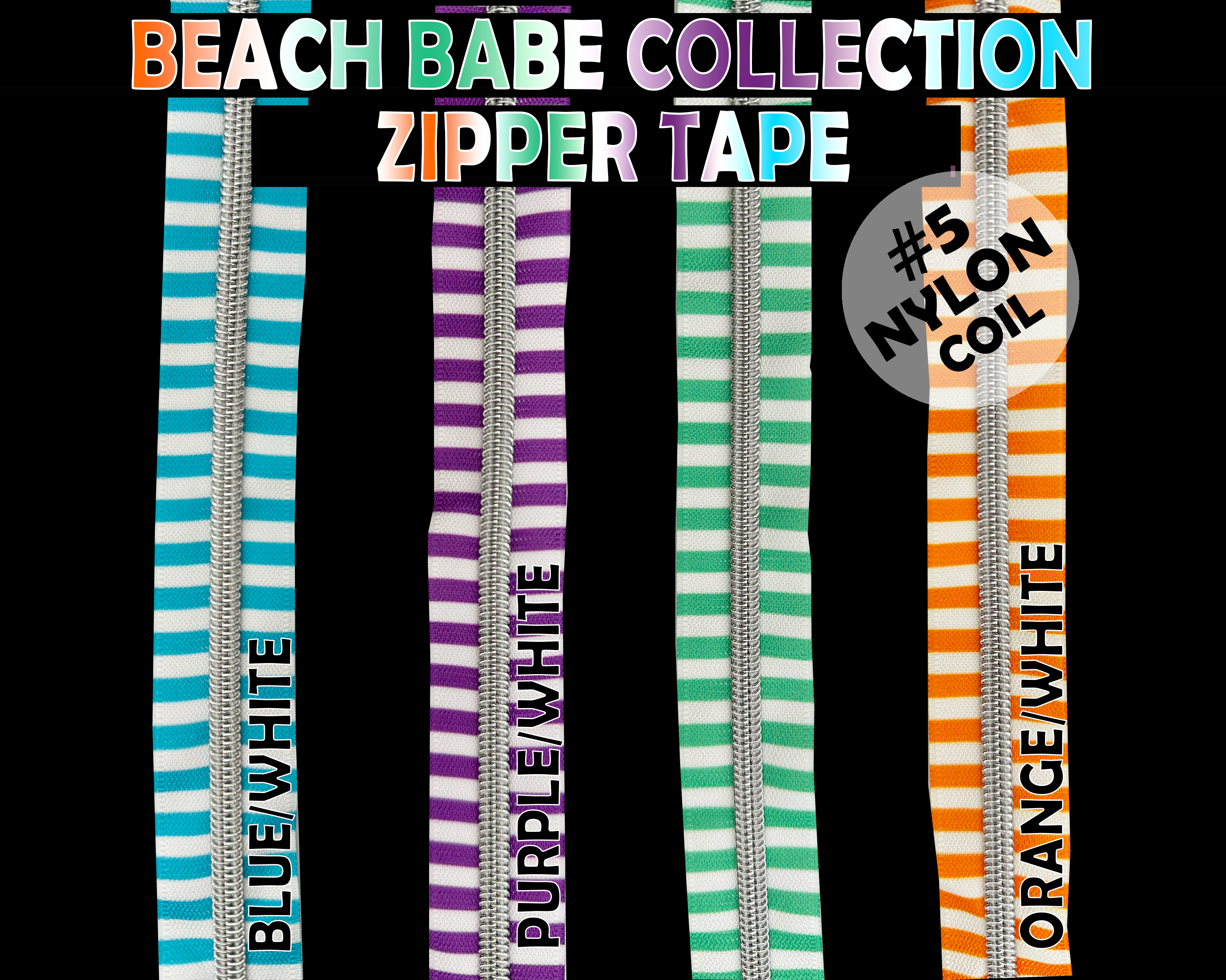 White Striped Zipper Tape, Size 5 Nylon Coil with silver teeth. Blue, Green, Orange & Purple stripes