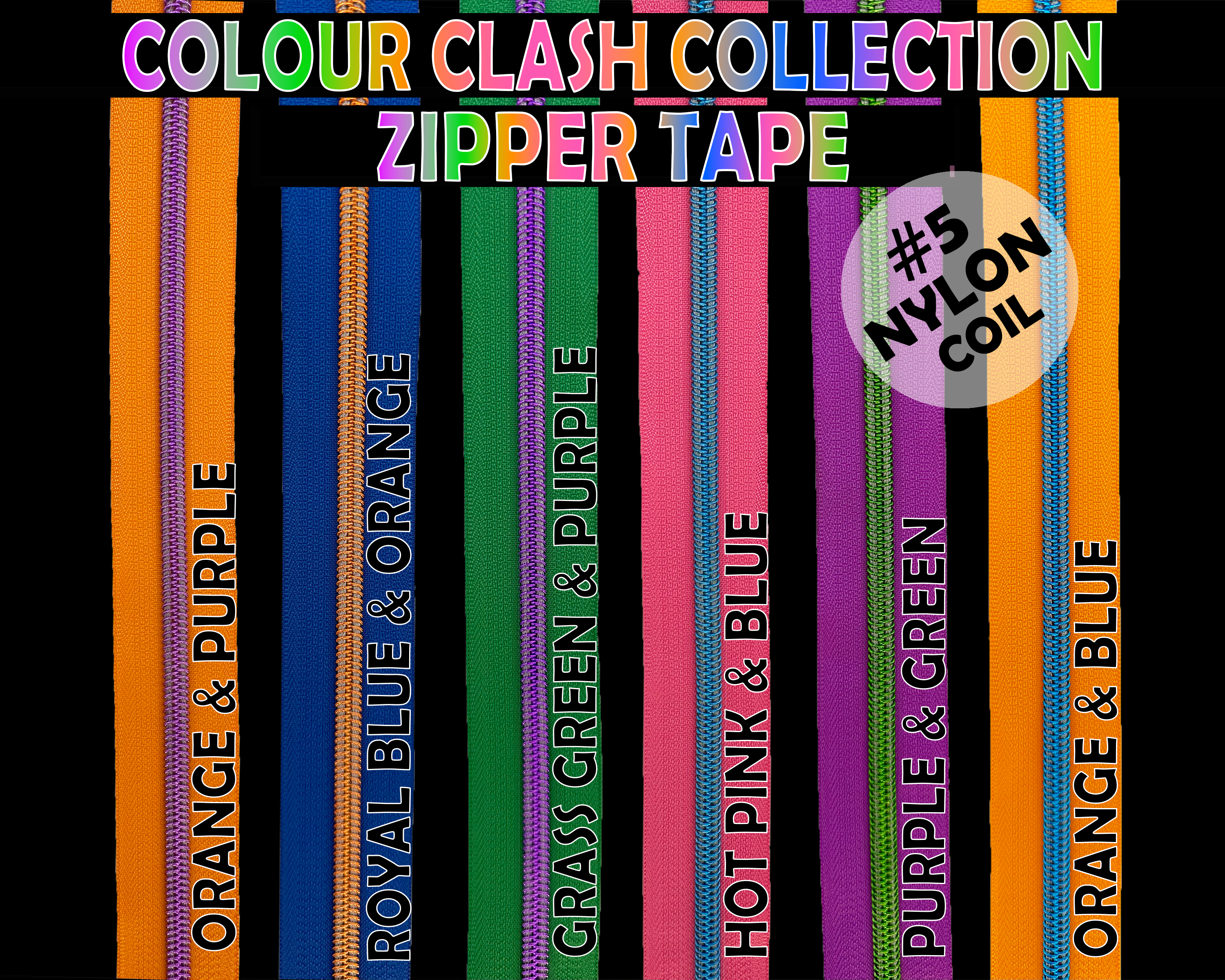 Colour Clash Zipper Tape, Size 5 Nylon Coil with various bright jewel coloured teeth