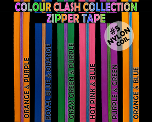 Colour Clash Zipper Tape, Size 5 Nylon Coil with various bright jewel coloured teeth