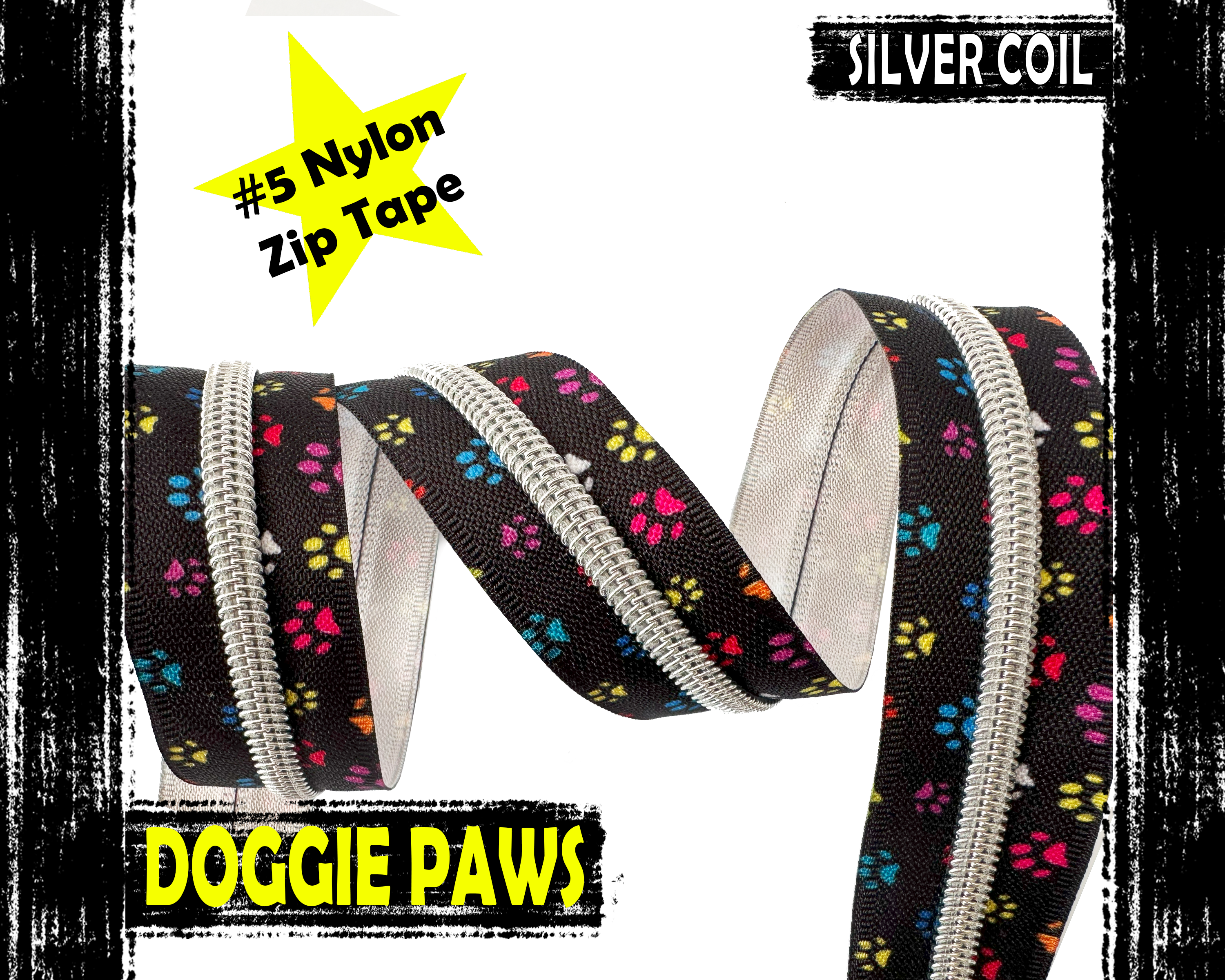 Dog Paws Multicolored Print Zipper Tape with Black teeth, coil #5 nylon zip