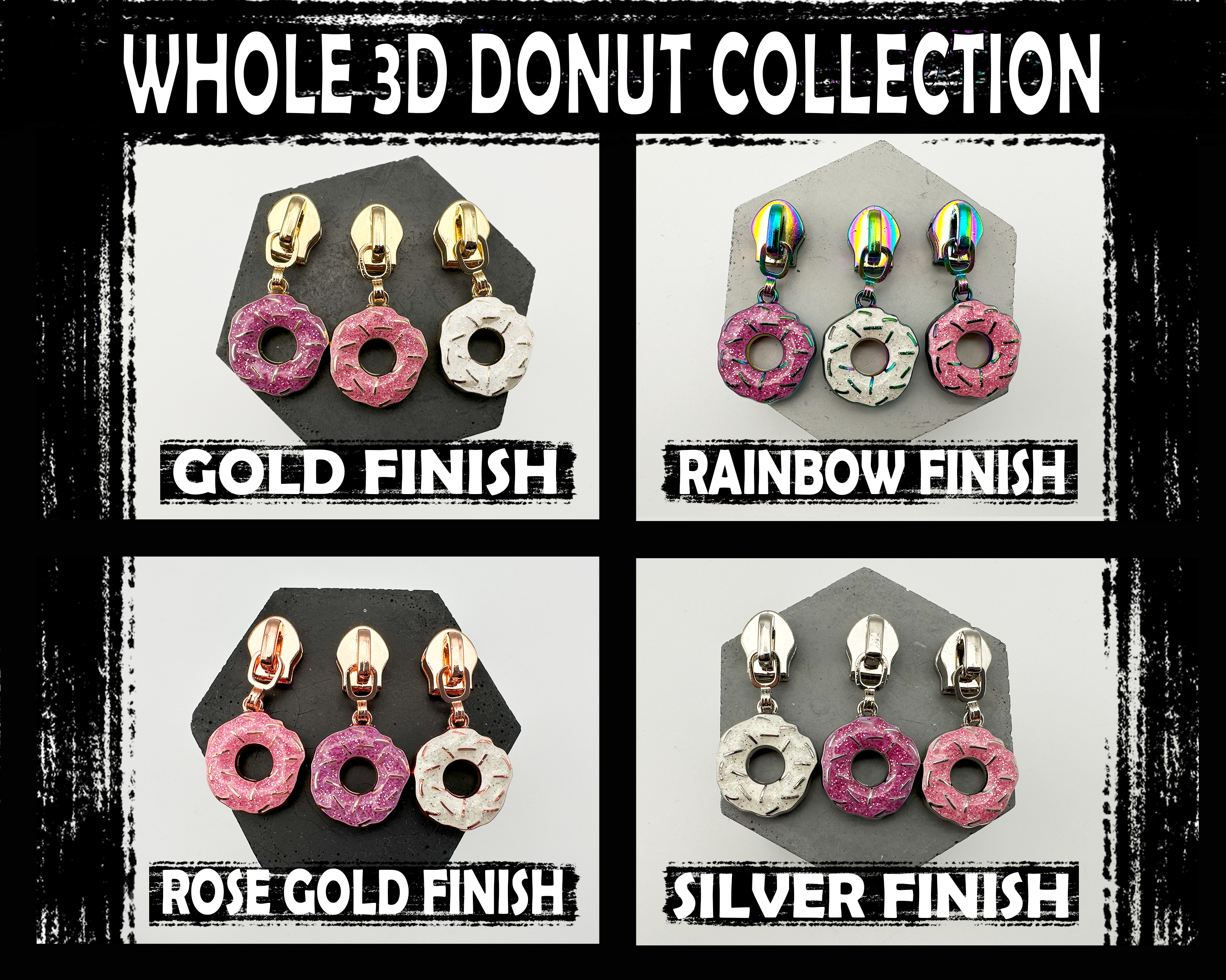 LILAC Glitter Enamel 3D Donut Zipper Pulls - 4 Finishes