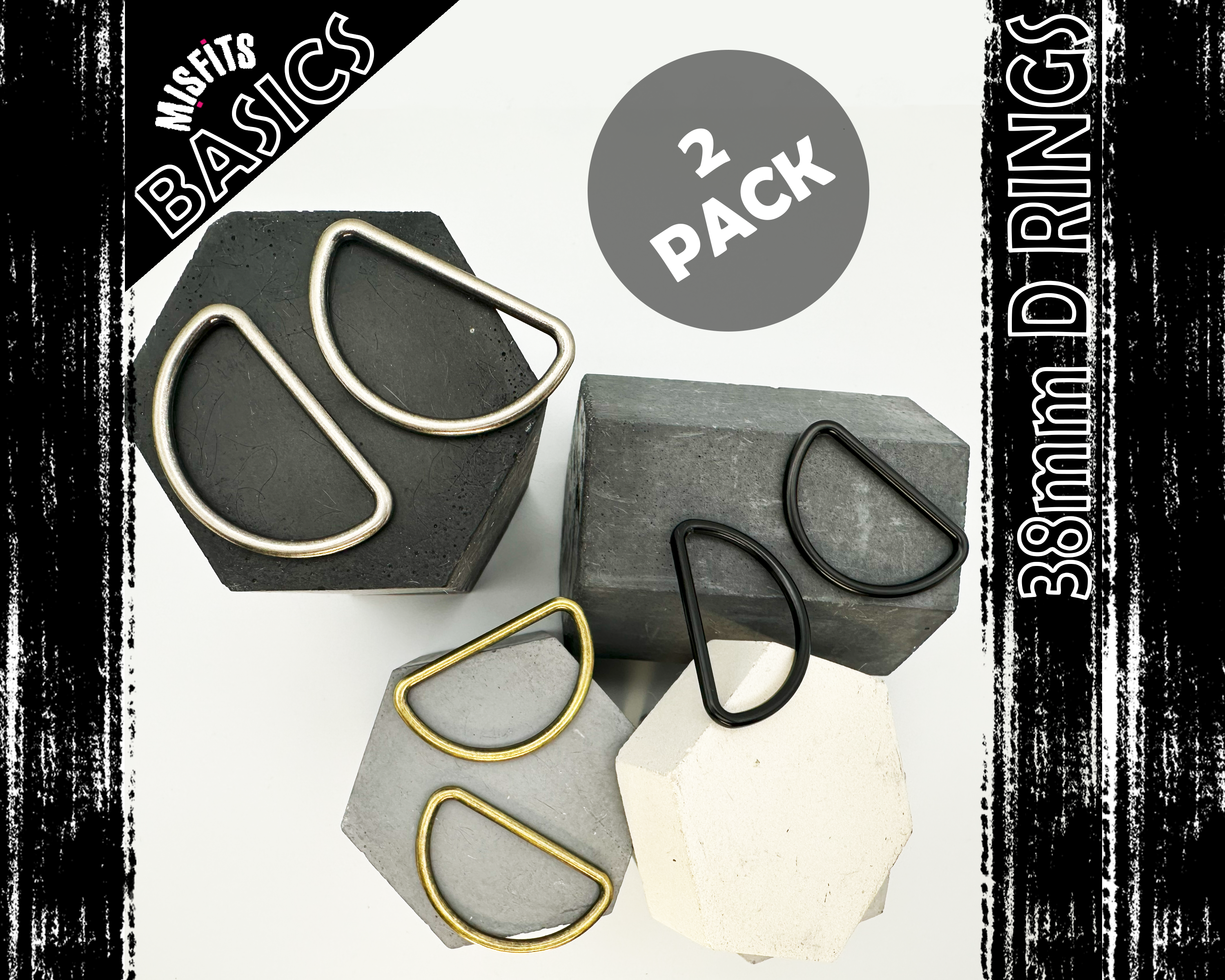 38mm D Rings for Bag Making Crafts, 2 pack, Metal Buckle fittings for 1.5" webbing strap, Bag Hardware