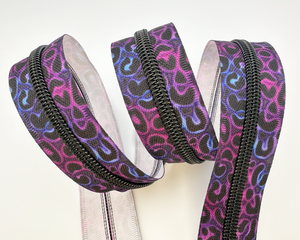 Purple & Blue Flame Print Zipper Tape with Black teeth, #5 nylon zips, bag making supplies