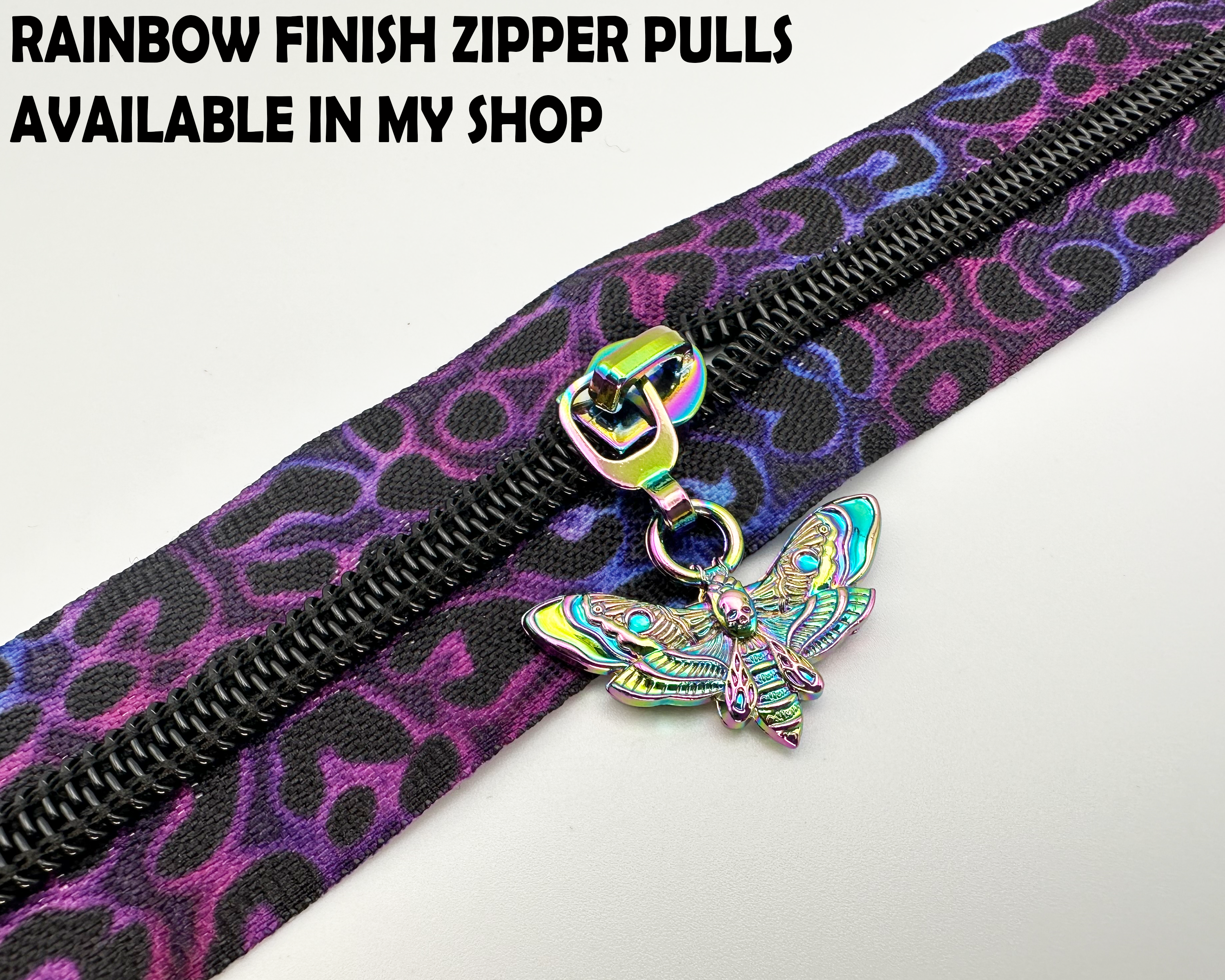 Purple & Blue Flame Print Zipper Tape with Black teeth, #5 nylon zips, bag making supplies