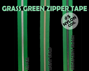 Grass Green Zipper Tape, Size 5 Nylon Coil with various coloured teeth
