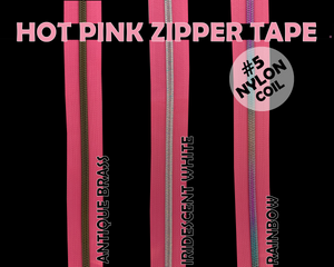 Hot Pink Zipper Tape, Size 5 Nylon Coil with various coloured teeth