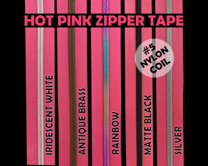 Hot Pink Zipper Tape, Size 5 Nylon Coil with various coloured teeth