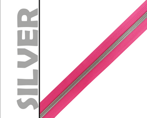 Hot Pink Zipper Tape, Size 5 Nylon Coil with various coloured teeth
