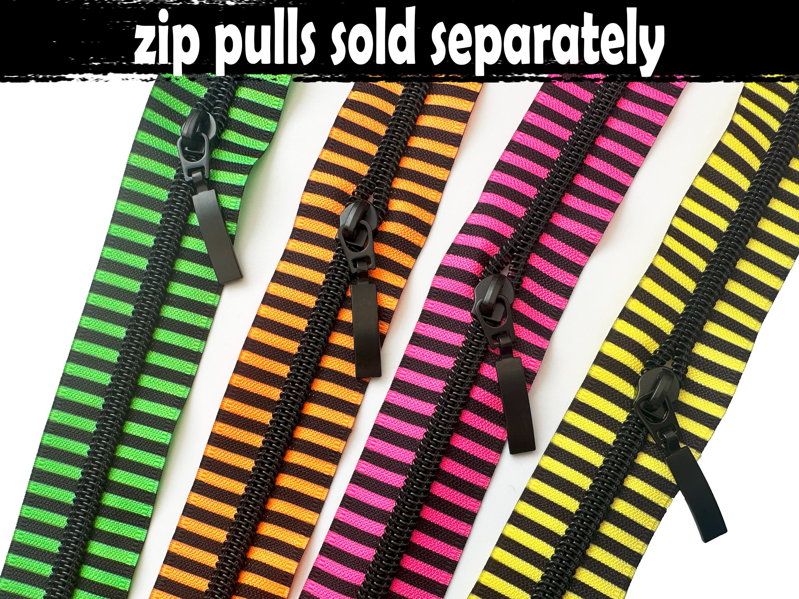 Neon and Black Striped Nylon Zipper Tape with Matte Black Teeth. Size 5
