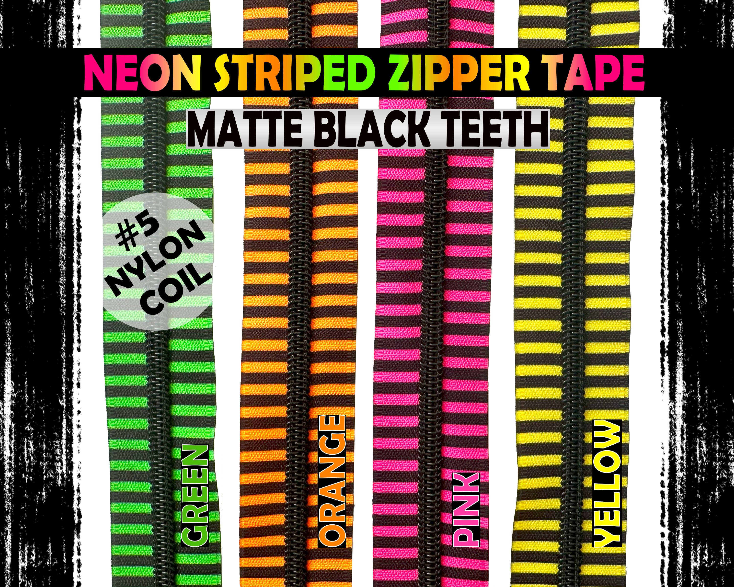 Neon and Black Striped Nylon Zipper Tape with Matte Black Teeth. Size 5