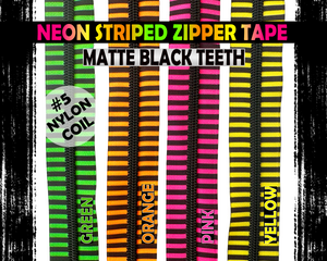 Neon and Black Striped Nylon Zipper Tape with Matte Black Teeth. Size 5