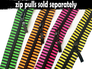 Neon and Black Striped Nylon Zipper Tape with Matte Black Teeth. Size 5