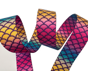 25mm wide, Bright Ombre Mermaid Scales Print Nylon Webbing for DIY Bag Straps