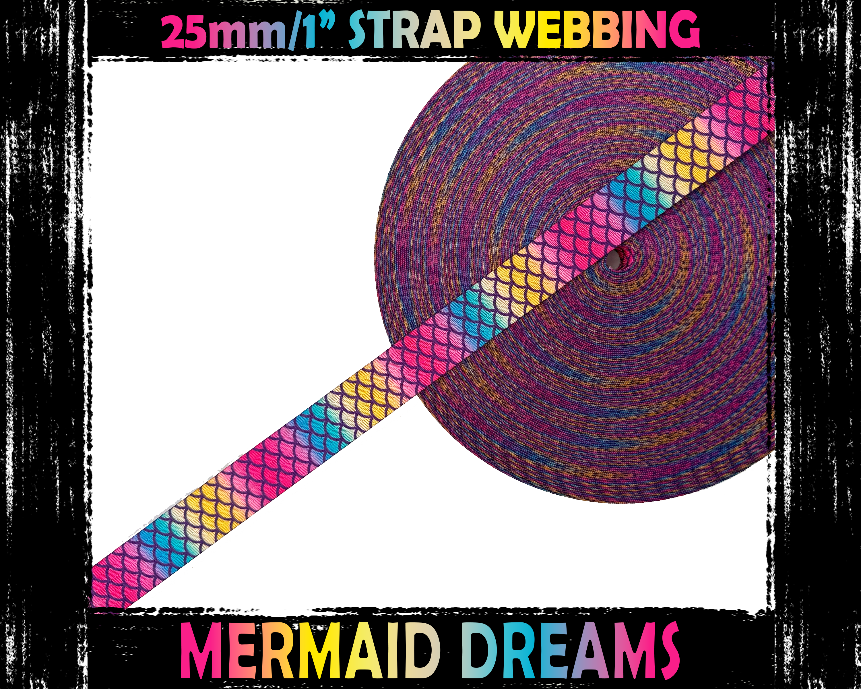 25mm wide, Bright Ombre Mermaid Scales Print Nylon Webbing for DIY Bag Straps