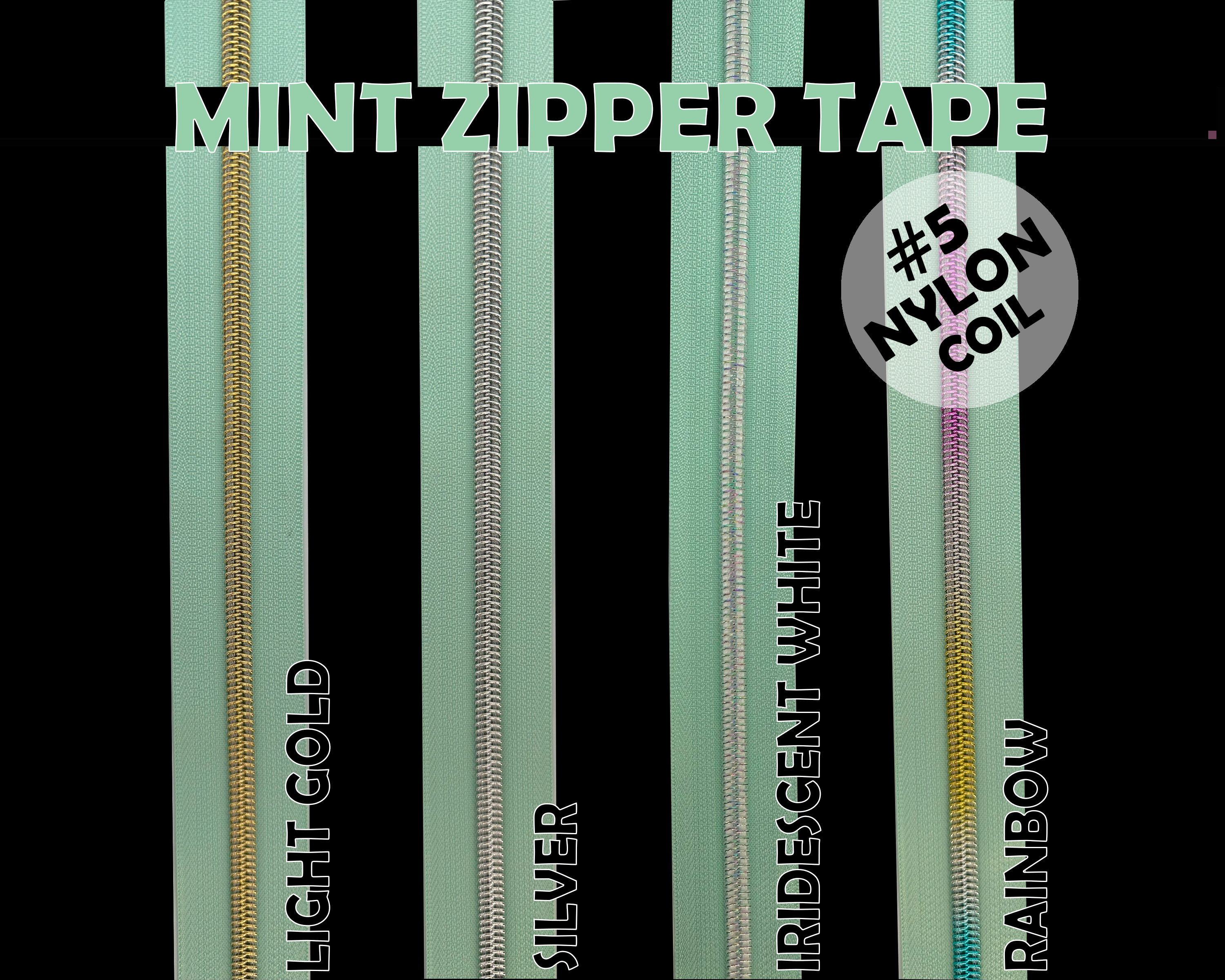 Mint Zipper Tape, Size 5 Nylon Coil with various coloured teeth