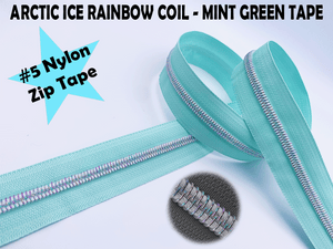 Mint Green Zipper Tape with White Iridescent Rainbow Teeth, Arctic Ice Collection, for #5 nylon zips