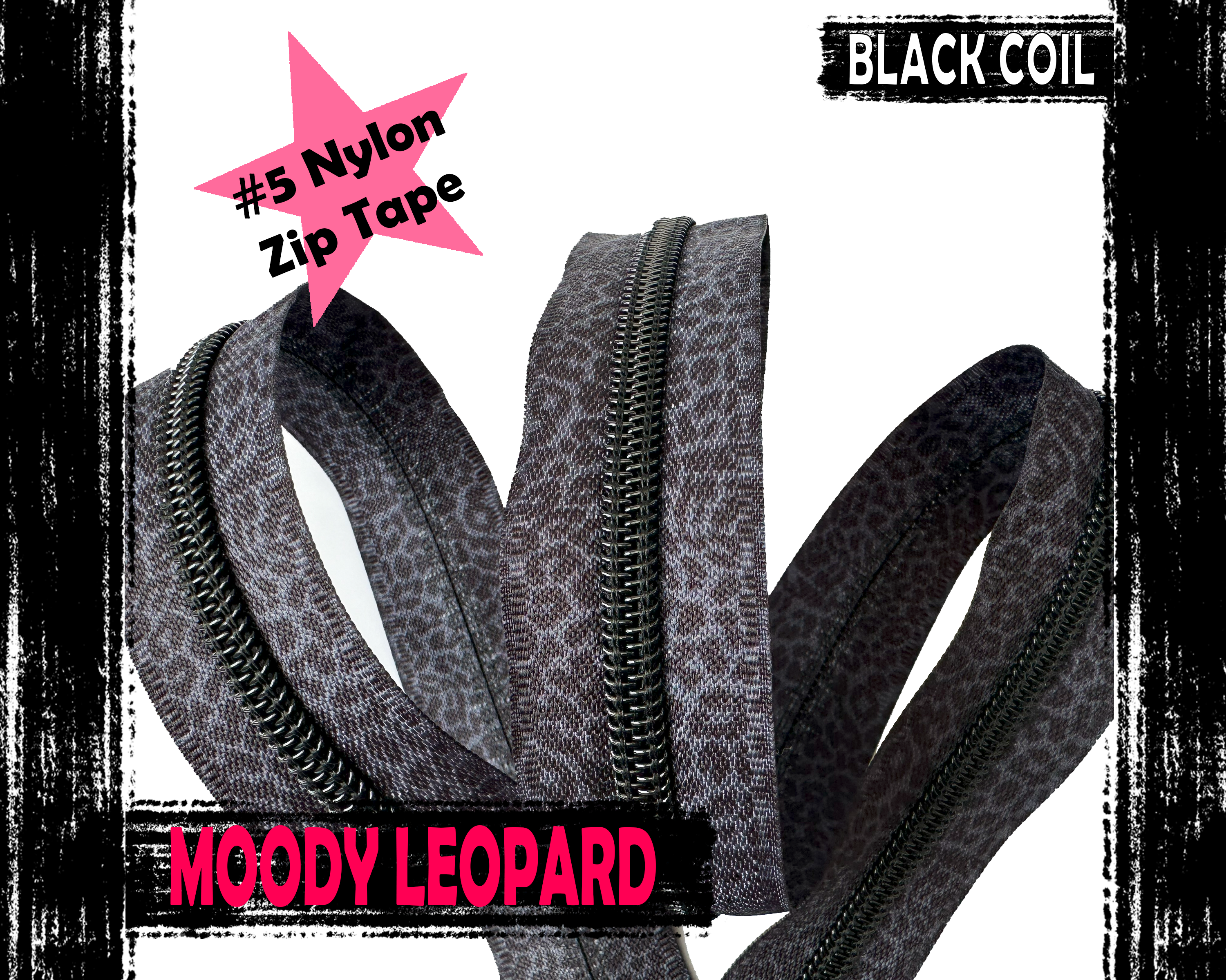 Dark Leopard Print Zipper Tape with Black teeth, coil #5 nylon zip