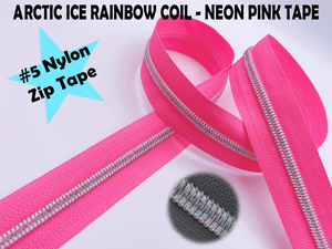Neon Pink Zipper Tape with White Iridescent Rainbow Teeth, Arctic Ice Collection, for #5 nylon zips