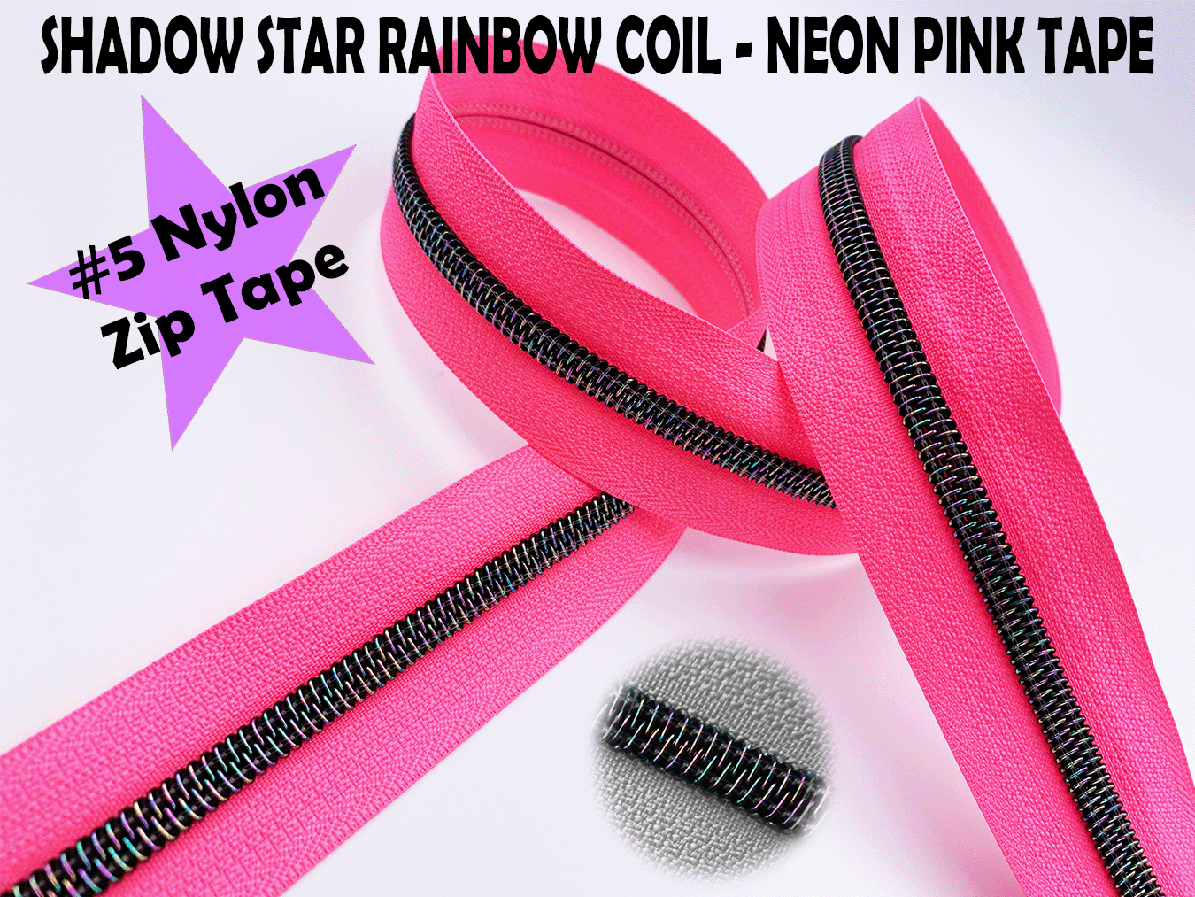 Neon Pink Zipper Tape with Dark Iridescent Rainbow Teeth, Shadow Star Collection, for #5 nylon zips