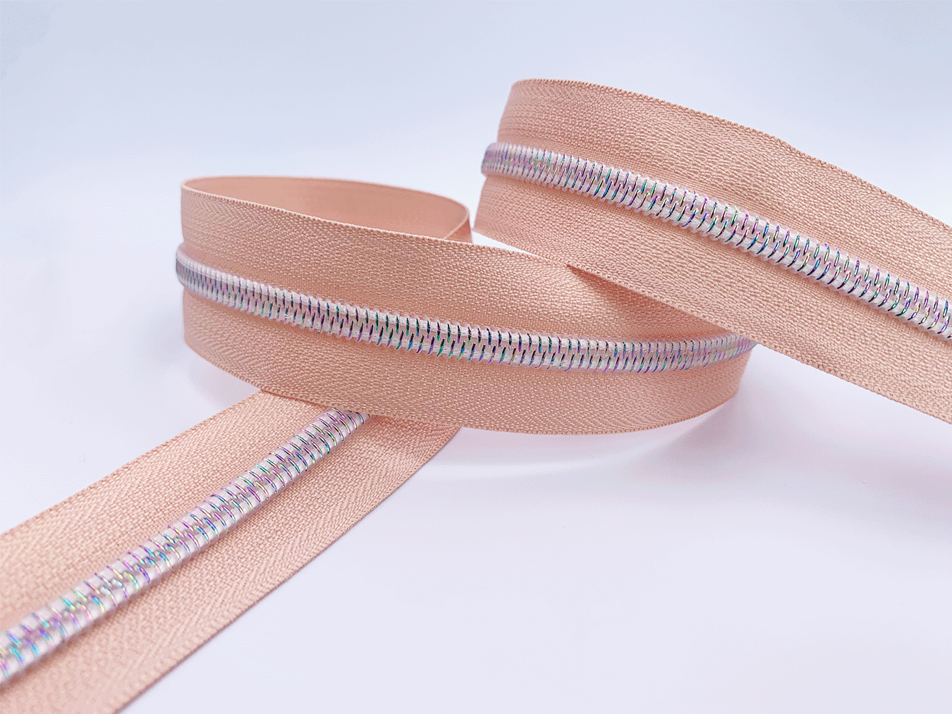 Nude Zipper Tape with White Iridescent Rainbow Teeth, Arctic Ice Collection, for #5 nylon zips