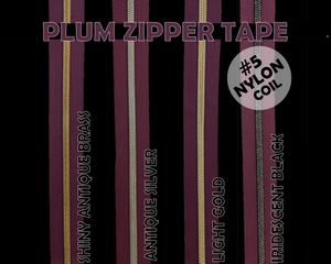 Plum Zipper Tape, Size 5 Nylon Coil with various coloured teeth