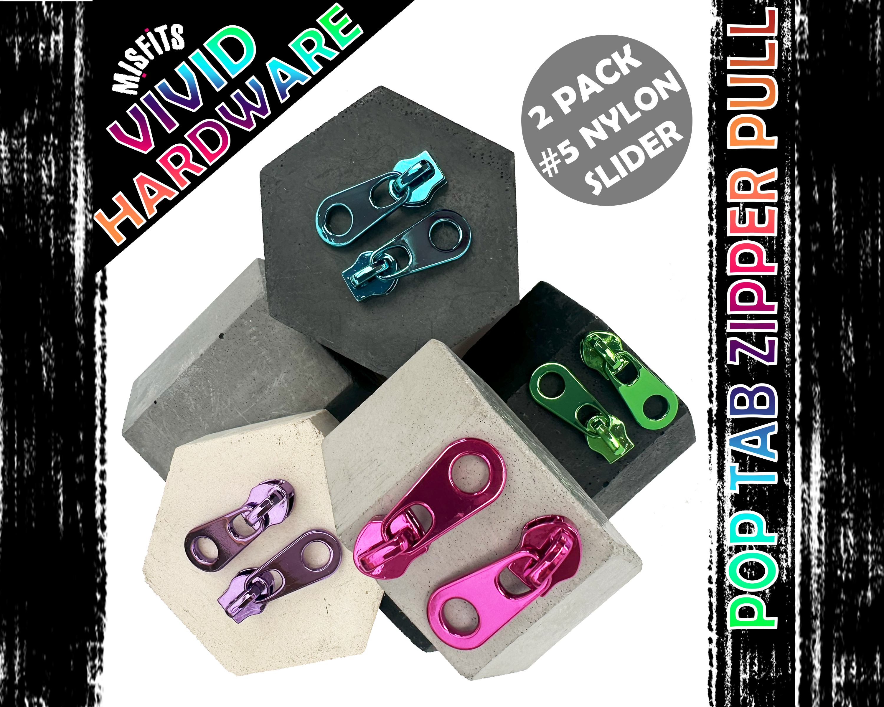 Pop Tab Zipper Pulls in 4 Bright Colours. Bag making hardware for size 5 Nylon Zip Tape