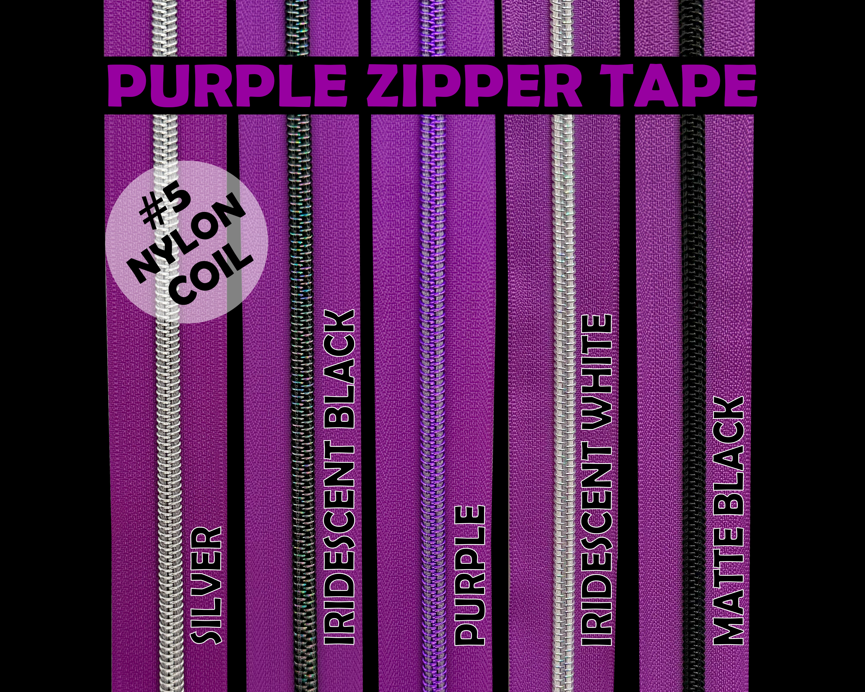 Purple Zipper Tape, Size 5 Nylon Coil with various coloured teeth