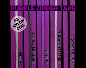 Purple Zipper Tape, Size 5 Nylon Coil with various coloured teeth