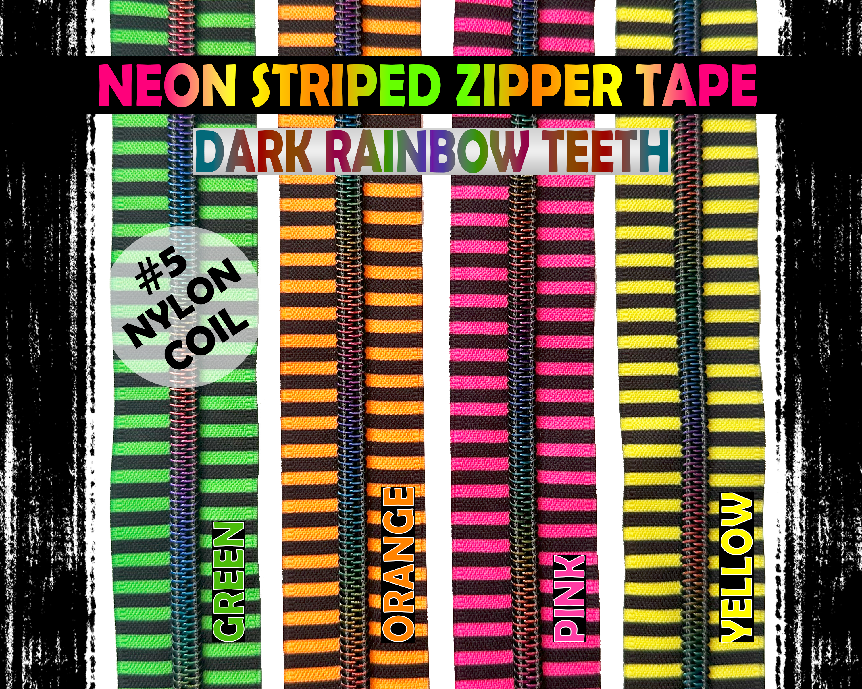 Neon and Black Striped Nylon Zipper Tape with Dark Rainbow Teeth. Size 5