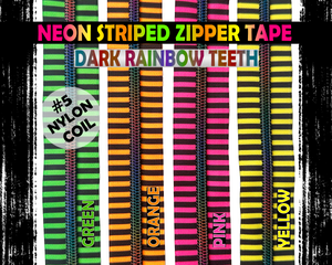 Neon and Black Striped Nylon Zipper Tape with Dark Rainbow Teeth. Size 5