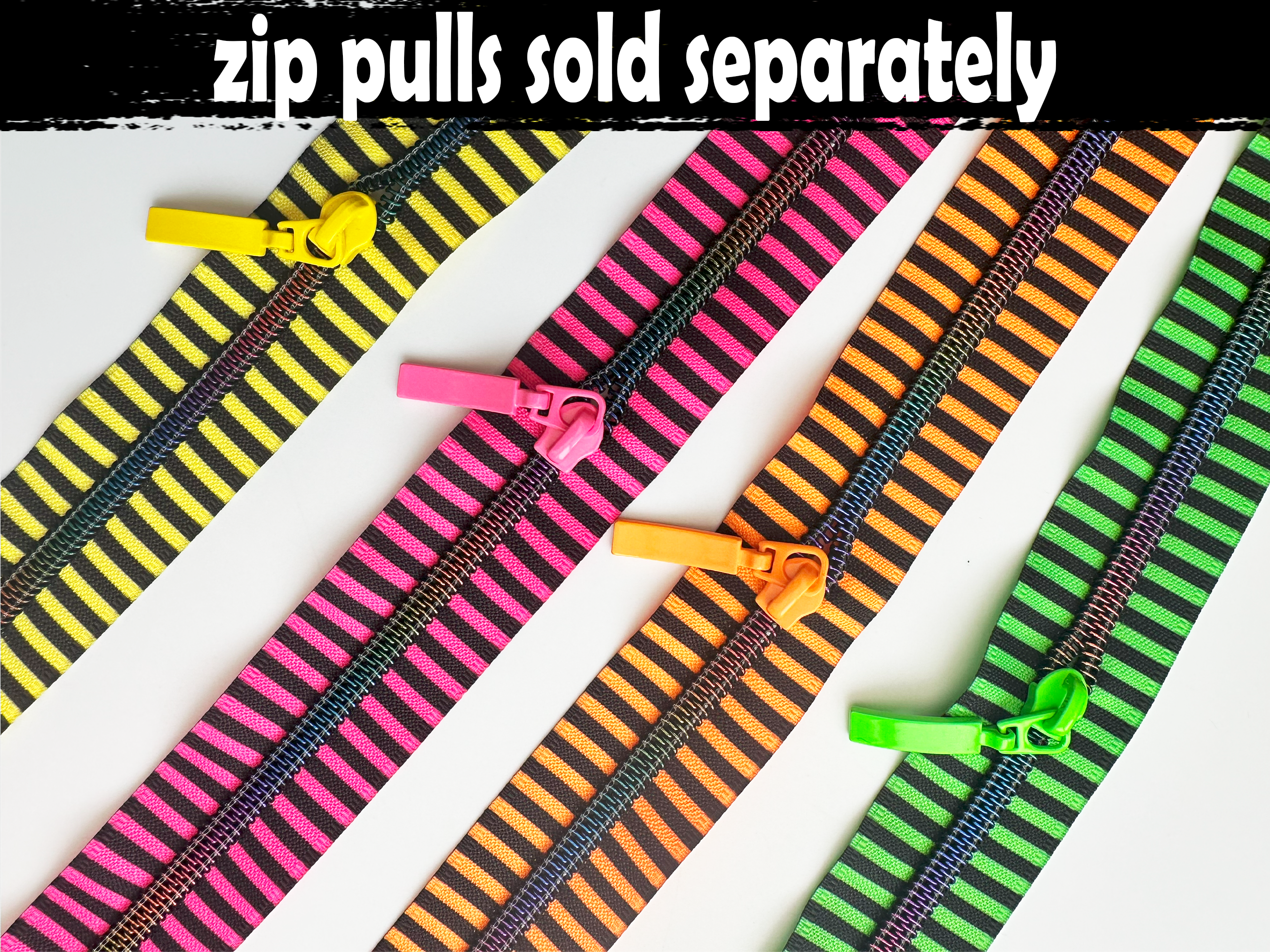 Neon and Black Striped Nylon Zipper Tape with Dark Rainbow Teeth. Size 5