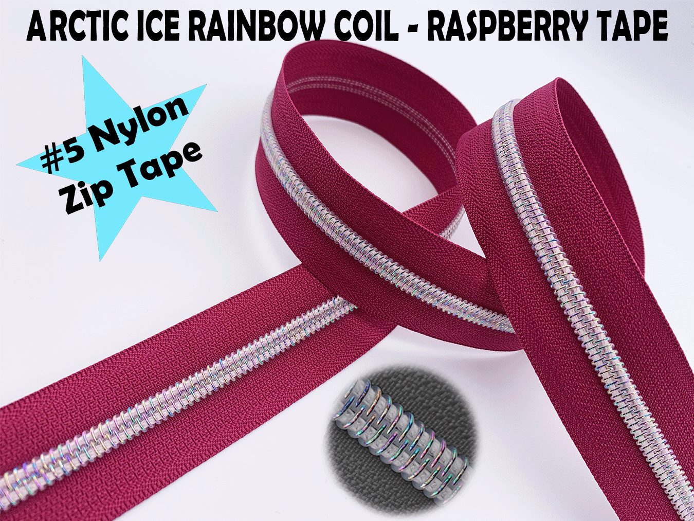 Raspberry Zipper Tape with White Iridescent Rainbow Teeth, Arctic Ice Collection, for #5 nylon zips