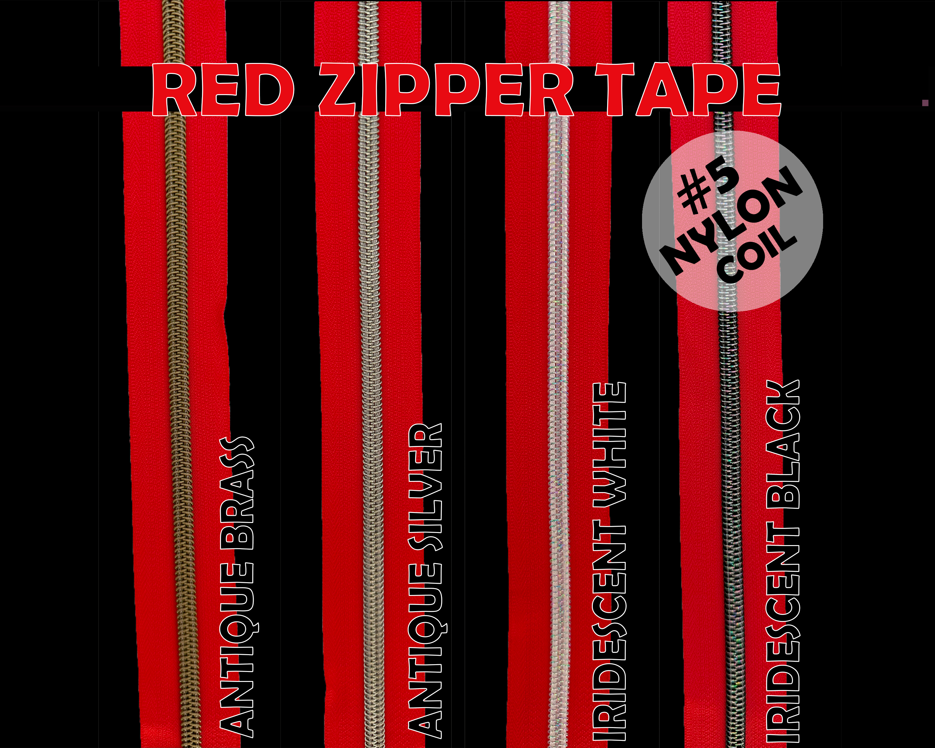 Red Zipper Tape, Size 5 Nylon Coil with various coloured teeth