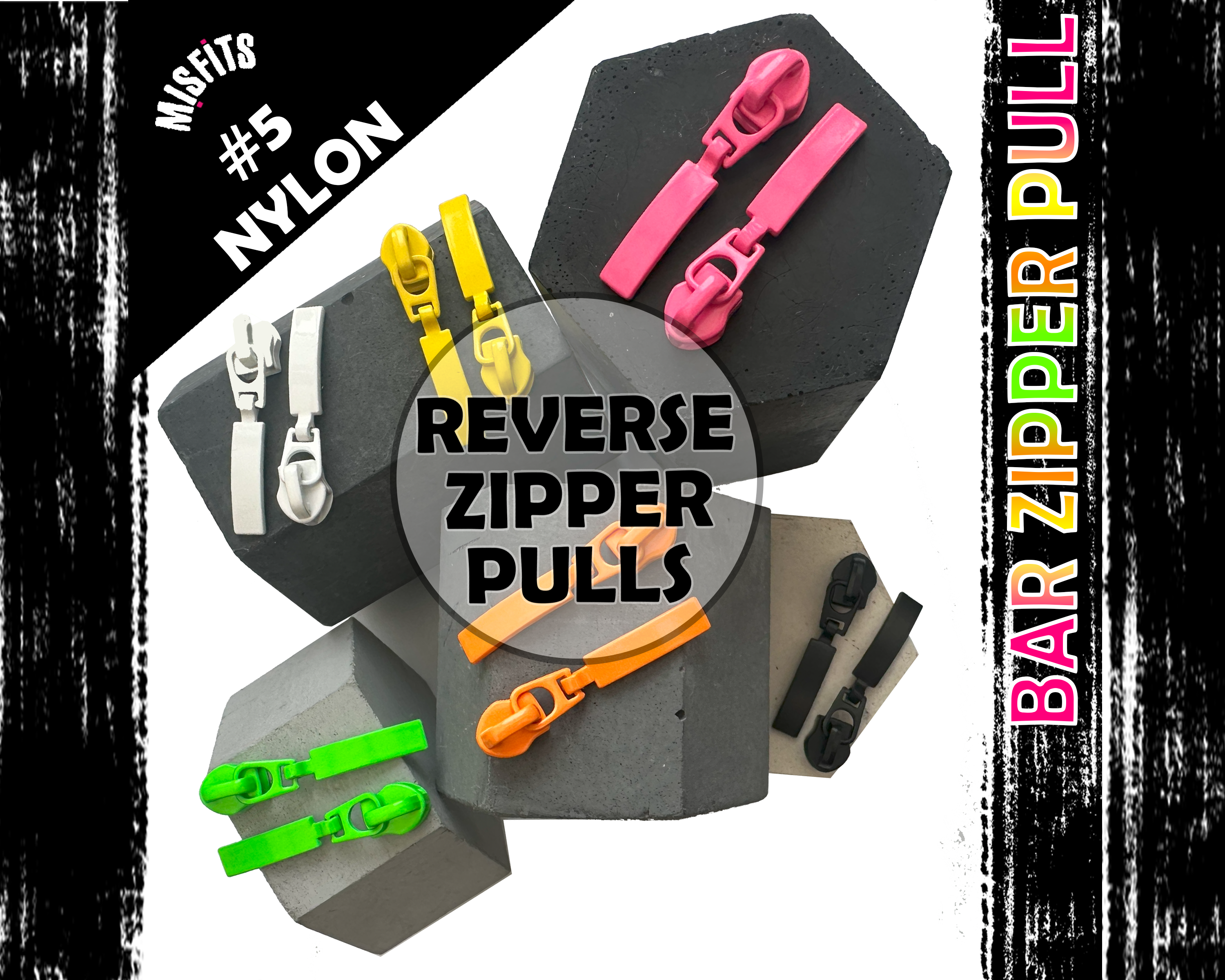 REVERSE Bar Zipper Pulls for size 5 Nylon Zip Tape