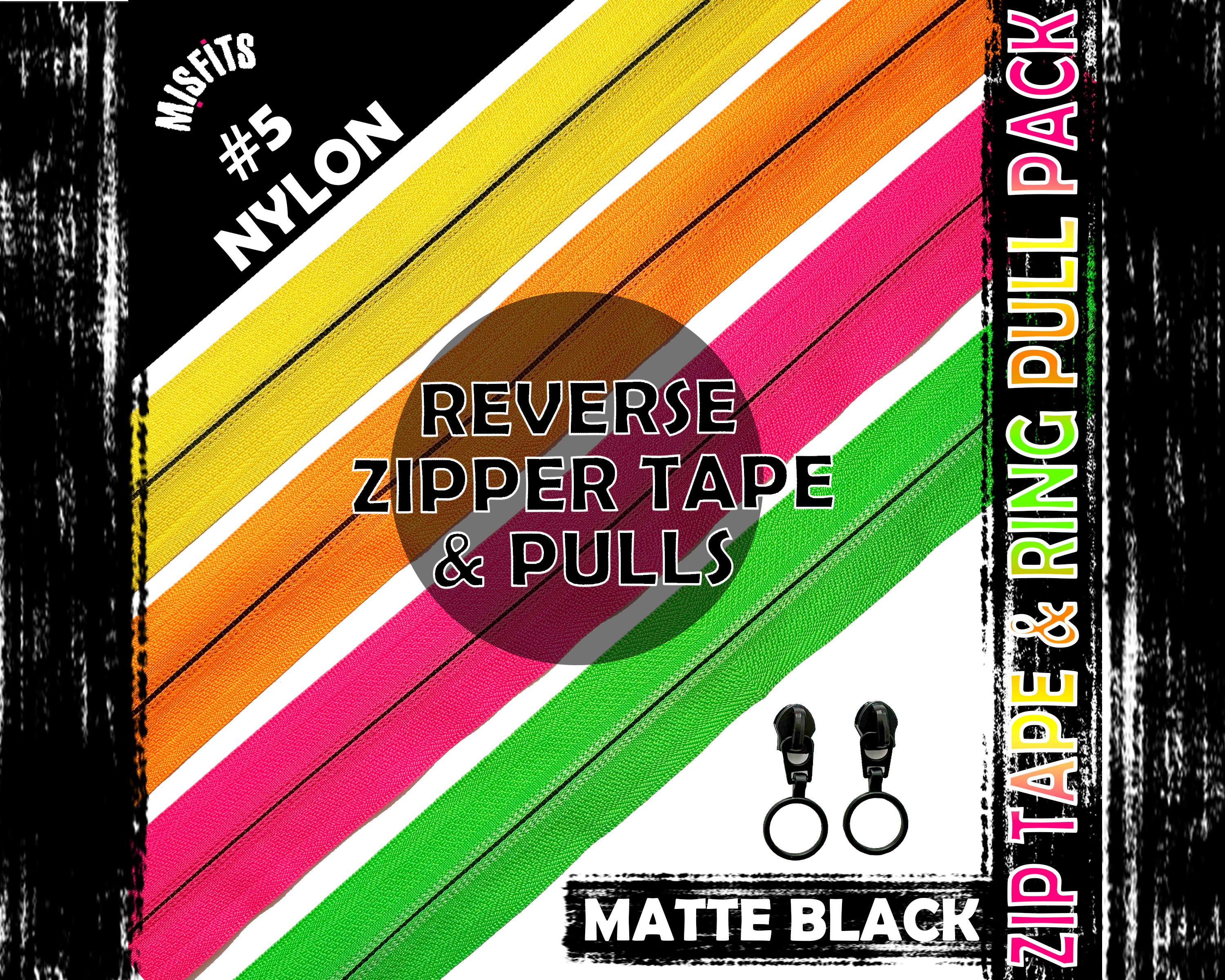 REVERSE Neon Zipper Tape & Matte Black Ring Pull Packs. #5 nylon